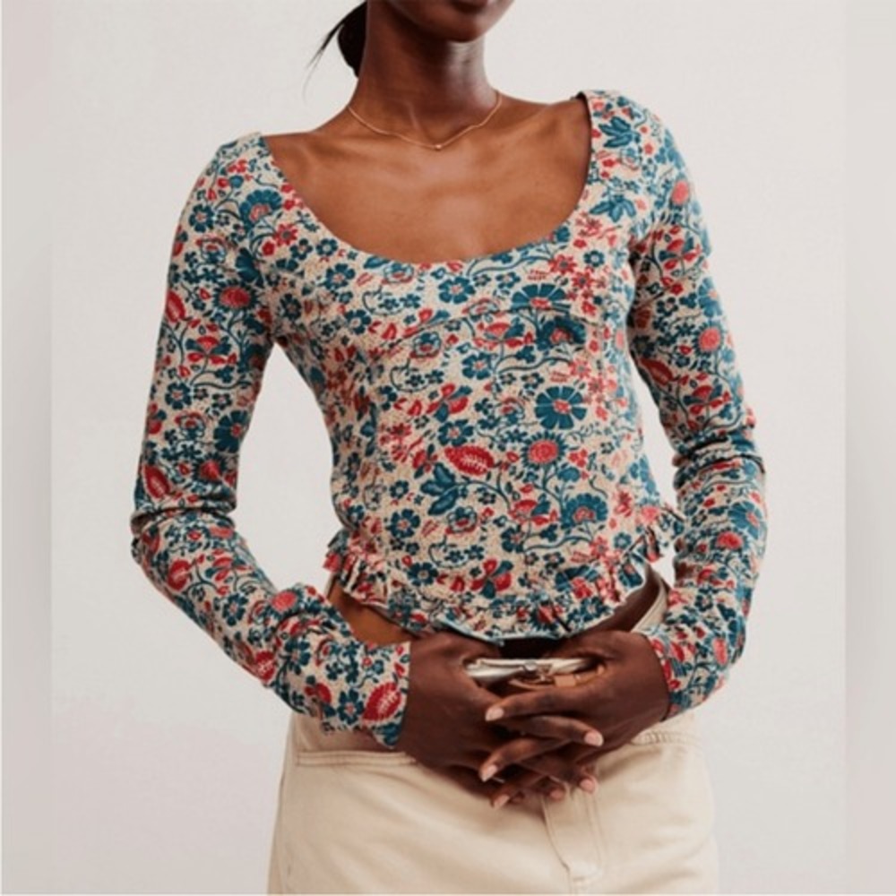 FREE PEOPLE Melanie Long-Sleeve Top-Sand Combo Floral Ruffle Corset Size XS NWT